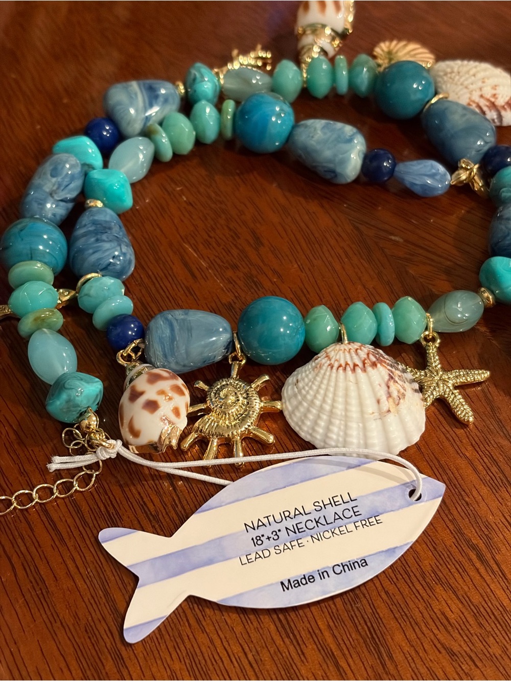Turquoise Bead Shell Charm Necklace with Gold Accents - Women Jewelry - Picture 7 of 8